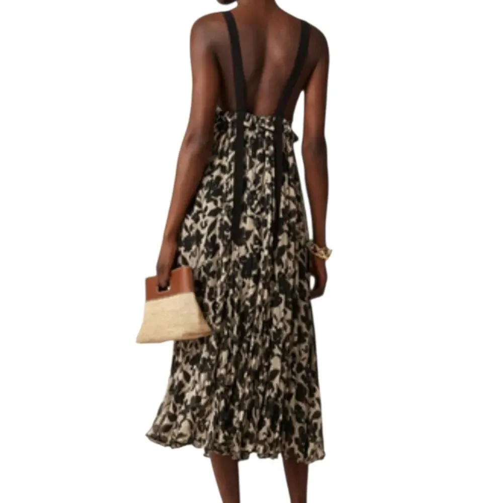 J Crew Collection Ruffle Trim Chiffon Midi Dress Black Tan V Neck Straps Small 4